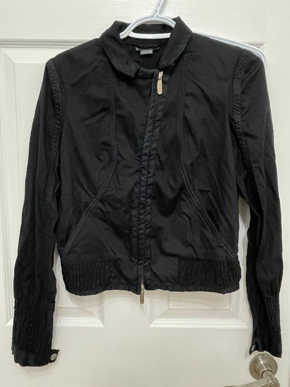 Armani Exchange Black Cotton Silk Cropped Bomber Jacket Zip Top Blouse S